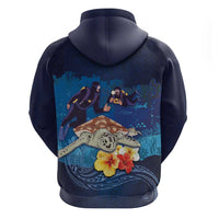 Polynesian Scuba Diving Zip Hoodie Honu with Hibiscus and Plumeria Flower and Tapa Tribal Pattern