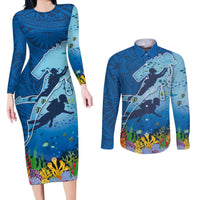 Polynesian Scuba Diving Couples Matching Long Sleeve Bodycon Dress and Long Sleeve Button Shirt Beauty Corals with Underwater and Polynesian Pattern LT03 Blue - Polynesian Pride