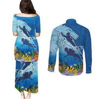 Polynesian Scuba Diving Couples Matching Puletasi and Long Sleeve Button Shirt Beauty Corals with Underwater and Polynesian Pattern LT03 - Polynesian Pride