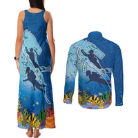Polynesian Scuba Diving Couples Matching Tank Maxi Dress and Long Sleeve Button Shirt Beauty Corals with Underwater and Polynesian Pattern LT03 - Polynesian Pride