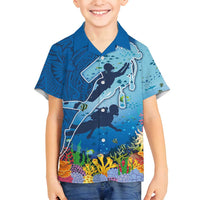 Polynesian Scuba Diving Family Matching Off Shoulder Maxi Dress and Hawaiian Shirt Beauty Corals with Underwater and Polynesian Pattern LT03 Son's Shirt Blue - Polynesian Pride