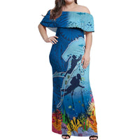 Polynesian Scuba Diving Off Shoulder Maxi Dress Beauty Corals with Underwater and Polynesian Pattern LT03 Women Blue - Polynesian Pride