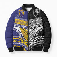 Custom Rugby Niue and Aotearoa Bomber Puffer Jacket Hiapo with Maori Moko Tribal Heritage Tattoos - Polynesian Pride