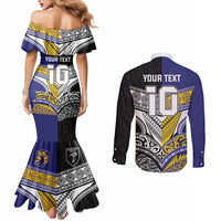 Custom Rugby Niue and Aotearoa Couples Matching Mermaid Dress and Long Sleeve Button Shirt Hiapo with Maori Moko Tribal Heritage Tattoos - Polynesian Pride