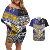 Custom Rugby Niue and Aotearoa Couples Matching Off Shoulder Short Dress and Hawaiian Shirt Hiapo with Maori Moko Tribal Heritage Tattoos - Polynesian Pride