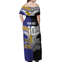 Custom Rugby Niue and Aotearoa Off Shoulder Maxi Dress Hiapo with Maori Moko Tribal Heritage Tattoos - Polynesian Pride