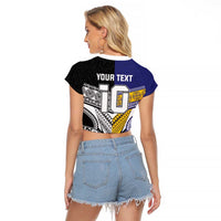 Custom Rugby Niue and Aotearoa Raglan Cropped T Shirt Hiapo with Maori Moko Tribal Heritage Tattoos - Polynesian Pride