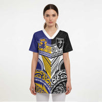 Custom Rugby Niue and Aotearoa Scrub Top Hiapo with Maori Moko Tribal Heritage Tattoos - Polynesian Pride