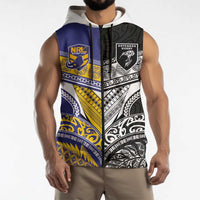 Custom Rugby Niue and Aotearoa Sleeveless Zip Hoodie Hiapo with Maori Moko Tribal Heritage Tattoos - Polynesian Pride