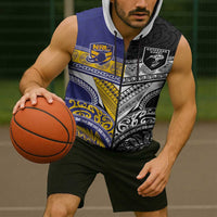Custom Rugby Niue and Aotearoa Sleeveless Zip Hoodie Hiapo with Maori Moko Tribal Heritage Tattoos - Polynesian Pride