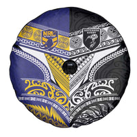 Rugby Niue and Aotearoa Spare Tire Cover Hiapo with Maori Moko Tribal Heritage Tattoos - Polynesian Pride