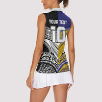 Custom Rugby Niue and Aotearoa Women Sleeveless Polo Shirt Hiapo with Maori Moko Tribal Heritage Tattoos - Polynesian Pride