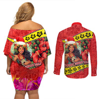 Hawaii Christmas Couples Matching Off Shoulder Short Dress and Long Sleeve Button Shirt Hula Girl Hibiscus With Hawaiian Style Tribal Fabric Patchwork LT03 - Polynesian Pride