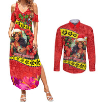 Hawaii Christmas Couples Matching Summer Maxi Dress and Long Sleeve Button Shirt Hula Girl Hibiscus With Hawaiian Style Tribal Fabric Patchwork LT03 Red - Polynesian Pride