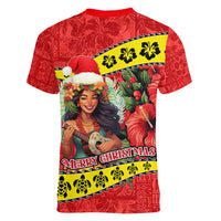Hawaii Christmas Women V Neck T Shirt Hula Girl Hibiscus With Hawaiian Style Tribal Fabric Patchwork LT03 - Polynesian Pride