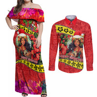 Personalised Hawaii Christmas Couples Matching Off Shoulder Maxi Dress and Long Sleeve Button Shirt Hula Girl Hibiscus With Hawaiian Style Tribal Fabric Patchwork LT03 Red - Polynesian Pride