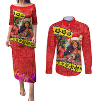 Personalised Hawaii Christmas Couples Matching Puletasi Dress and Long Sleeve Button Shirt Hula Girl Hibiscus With Hawaiian Style Tribal Fabric Patchwork LT03 Red - Polynesian Pride
