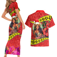 Personalised Hawaii Christmas Couples Matching Short Sleeve Bodycon Dress and Hawaiian Shirt Hula Girl Hibiscus With Hawaiian Style Tribal Fabric Patchwork LT03 - Polynesian Pride