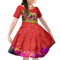 Personalised Hawaii Christmas Family Matching Off Shoulder Short Dress and Hawaiian Shirt Hula Girl Hibiscus With Hawaiian Style Tribal Fabric Patchwork LT03 Daughter's Dress Red - Polynesian Pride
