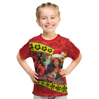 Personalised Hawaii Christmas Kid T Shirt Hula Girl Hibiscus With Hawaiian Style Tribal Fabric Patchwork LT03 Red - Polynesian Pride
