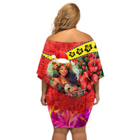 Personalised Hawaii Christmas Off Shoulder Short Dress Hula Girl Hibiscus With Hawaiian Style Tribal Fabric Patchwork LT03 - Polynesian Pride
