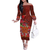 Hawaii KaʻUla Wena ʻIʻiwi Family Matching Off The Shoulder Long Sleeve Dress and Hawaiian Shirt With Tropical Plants and 'Ohi'a lehua Kakau Art Tattoo