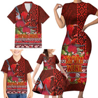 Hawaii KaʻUla Wena ʻIʻiwi Family Matching Short Sleeve Bodycon Dress and Hawaiian Shirt With Tropical Plants and 'Ohi'a lehua Kakau Art Tattoo