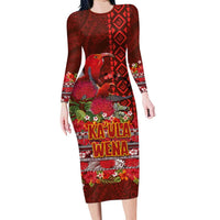 Hawaii KaʻUla Wena ʻIʻiwi Long Sleeve Bodycon Dress With Tropical Plants and 'Ohi'a lehua Kakau Art Tattoo