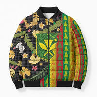 Hawaiian Tropical Plants Lei Bomber Puffer Jacket Kanaka Maoli Tribal with Palaka Motifs - Polynesian Pride