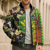 Hawaiian Tropical Plants Lei Bomber Puffer Jacket Kanaka Maoli Tribal with Palaka Motifs - Polynesian Pride