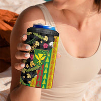 Hawaiian Tropical Plants Lei 4 in 1 Can Cooler Tumbler Kanaka Maoli Tribal with Palaka Motifs - Polynesian Pride