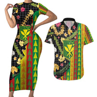 Hawaiian Tropical Plants Lei Couples Matching Short Sleeve Bodycon Dress and Hawaiian Shirt Kanaka Maoli Tribal with Palaka Motifs - Polynesian Pride