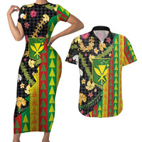 Hawaiian Tropical Plants Lei Couples Matching Short Sleeve Bodycon Dress and Hawaiian Shirt Kanaka Maoli Tribal with Palaka Motifs - Polynesian Pride