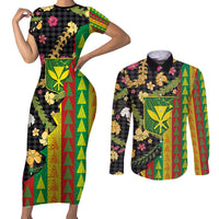 Hawaiian Tropical Plants Lei Couples Matching Short Sleeve Bodycon Dress and Long Sleeve Button Shirt Kanaka Maoli Tribal with Palaka Motifs - Polynesian Pride