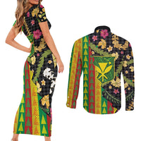 Hawaiian Tropical Plants Lei Couples Matching Short Sleeve Bodycon Dress and Long Sleeve Button Shirt Kanaka Maoli Tribal with Palaka Motifs - Polynesian Pride