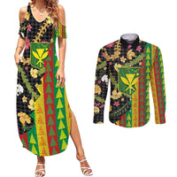 Hawaiian Tropical Plants Lei Couples Matching Summer Maxi Dress and Long Sleeve Button Shirt Kanaka Maoli Tribal with Palaka Motifs - Polynesian Pride
