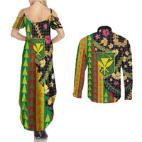 Hawaiian Tropical Plants Lei Couples Matching Summer Maxi Dress and Long Sleeve Button Shirt Kanaka Maoli Tribal with Palaka Motifs - Polynesian Pride