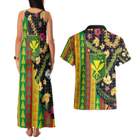 Hawaiian Tropical Plants Lei Couples Matching Tank Maxi Dress and Hawaiian Shirt Kanaka Maoli Tribal with Palaka Motifs - Polynesian Pride
