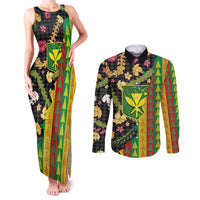 Hawaiian Tropical Plants Lei Couples Matching Tank Maxi Dress and Long Sleeve Button Shirt Kanaka Maoli Tribal with Palaka Motifs - Polynesian Pride