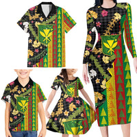 Hawaiian Tropical Plants Lei Family Matching Long Sleeve Bodycon Dress and Hawaiian Shirt Kanaka Maoli Tribal with Palaka Motifs - Polynesian Pride