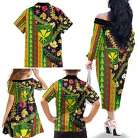 Hawaiian Tropical Plants Lei Family Matching Off The Shoulder Long Sleeve Dress and Hawaiian Shirt Kanaka Maoli Tribal with Palaka Motifs - Polynesian Pride