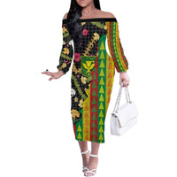 Hawaiian Tropical Plants Lei Family Matching Off The Shoulder Long Sleeve Dress and Hawaiian Shirt Kanaka Maoli Tribal with Palaka Motifs - Polynesian Pride