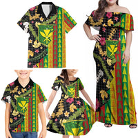 Hawaiian Tropical Plants Lei Family Matching Off Shoulder Maxi Dress and Hawaiian Shirt Kanaka Maoli Tribal with Palaka Motifs - Polynesian Pride