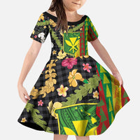 Hawaiian Tropical Plants Lei Family Matching Off Shoulder Short Dress and Hawaiian Shirt Kanaka Maoli Tribal with Palaka Motifs - Polynesian Pride