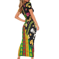 Hawaiian Tropical Plants Lei Family Matching Short Sleeve Bodycon Dress and Hawaiian Shirt Kanaka Maoli Tribal with Palaka Motifs - Polynesian Pride