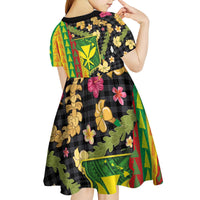 Hawaiian Tropical Plants Lei Kid Short Sleeve Dress Kanaka Maoli Tribal with Palaka Motifs - Polynesian Pride