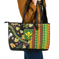 Hawaiian Tropical Plants Lei Leather Tote Bag Kanaka Maoli Tribal with Palaka Motifs - Polynesian Pride