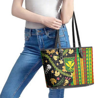 Hawaiian Tropical Plants Lei Leather Tote Bag Kanaka Maoli Tribal with Palaka Motifs - Polynesian Pride