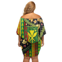 Hawaiian Tropical Plants Lei Off Shoulder Short Dress Kanaka Maoli Tribal with Palaka Motifs - Polynesian Pride