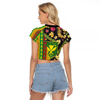 Hawaiian Tropical Plants Lei Raglan Cropped T Shirt Kanaka Maoli Tribal with Palaka Motifs - Polynesian Pride